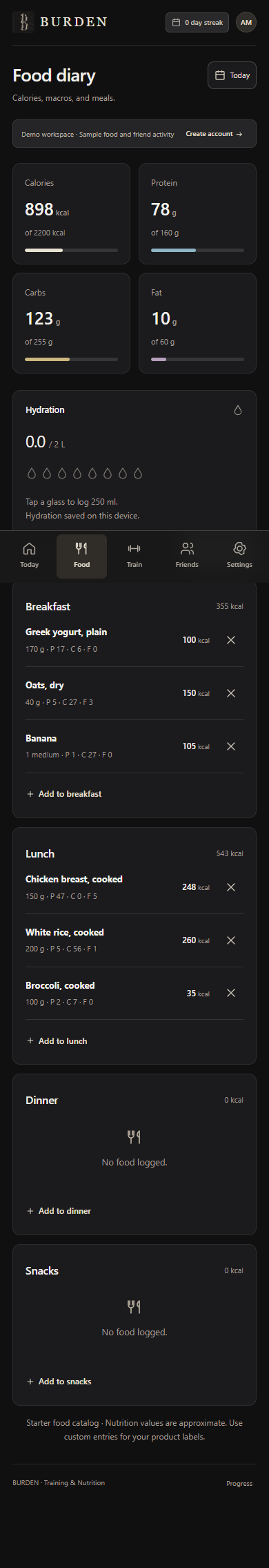 Actual BURDEN food screen showing daily macros and meals