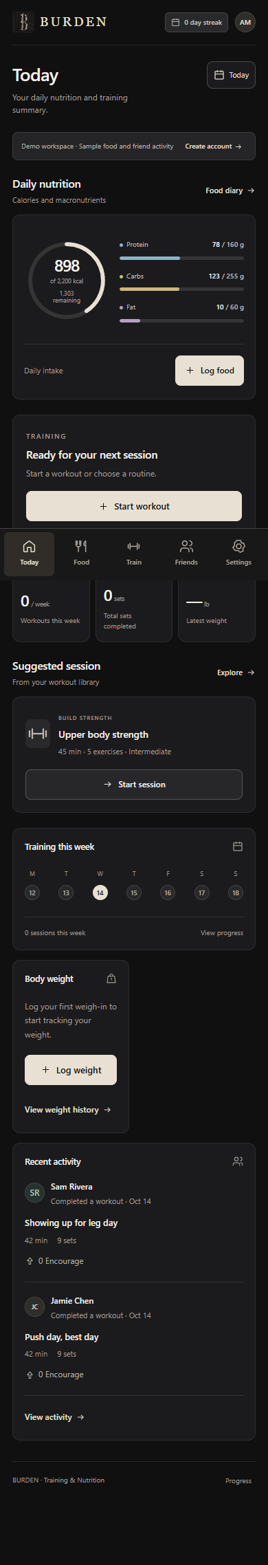 Actual BURDEN Today screen showing nutrition targets and training